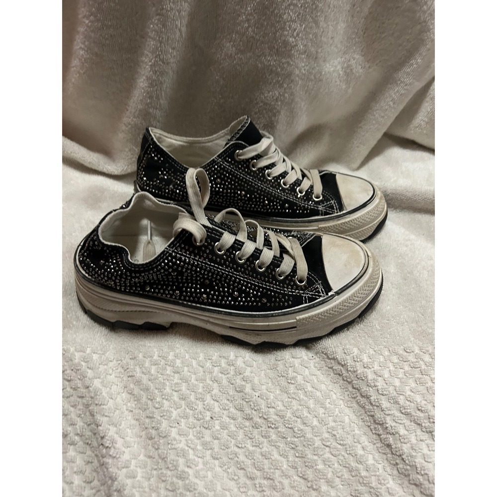 Top Moda Womens Black Rhinestone Studded Platform Sneakers Size 7.5 Chunky Sole